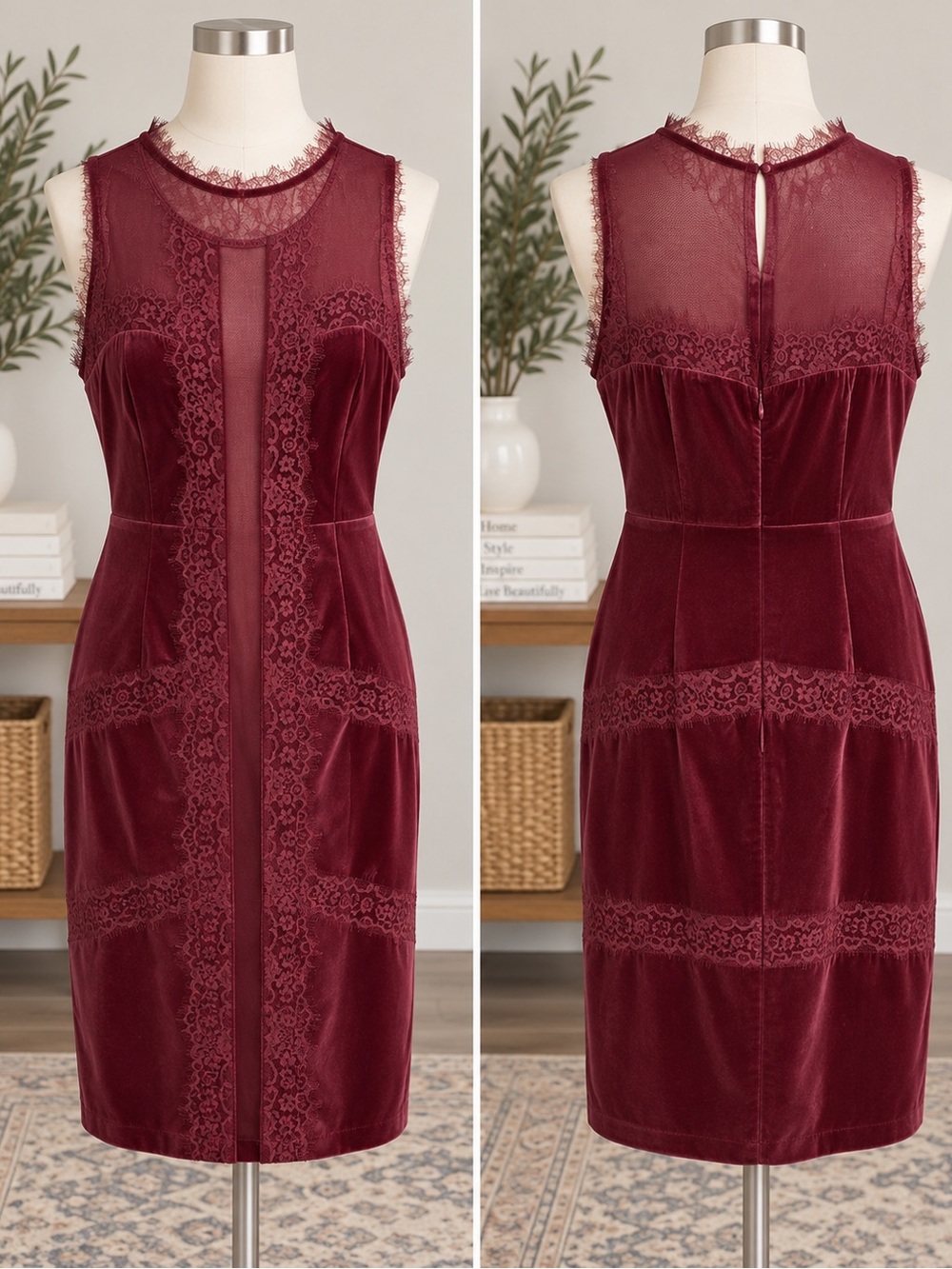 White House Black Market Burgundy Lace Velvet Shift Dress Size 10